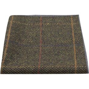 King & Priory Luxury Dark Olive Green Herringbone Check Pocket Square, Handkerchief, Tweed