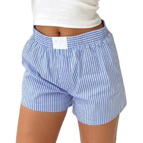 NUFIWI Women Y2k Striped Pajamas Shorts Low Elastic Waist Loose Boxer Bottoms Lounge Sleepwear Pajama Shorts