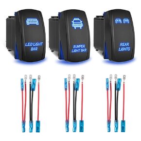 Anina 3 Pack 5 Pin Rocker Switch Rear & Bumper & LED Light Bar Toggle Switch Carling Laser SPST Rocker On-Off 10A/24V 20A/12V with Jumper Wires Set for Most 4x4 Off-Road SUV ATV UTV Motorsport Boat