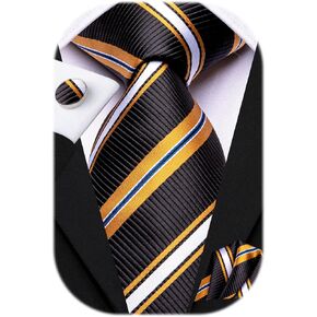 مجموعة ربطات عنق رسمية مخططة للرجال من Hi-Tie باللونين الأسود والذهبي مع أزرار أكمام منديل وربطة عنق حريرية لحفلات الزفاف والحفلات الراقصة in Kuwait