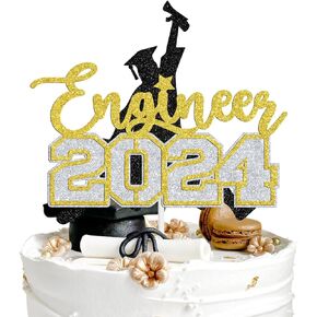 Congrats Engineer 2024 Cake Topper, Future Engineer Cake Decor, Class of 2024 Graduation Party Decoration Supplies, Black and Gold Glitter