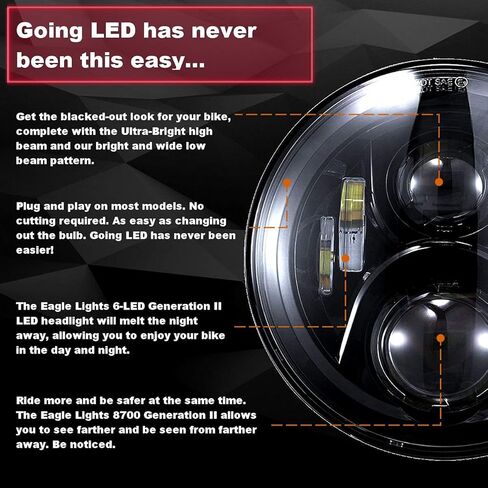 مصباح أمامي Eagle Lights 8700BG2 مقاس 7 بوصات LED لدراجات Harley Davidson والدراجات النارية الهندية - الجيل الثاني/طقم أسود/بدون ملحقات تثبيت in Kuwait