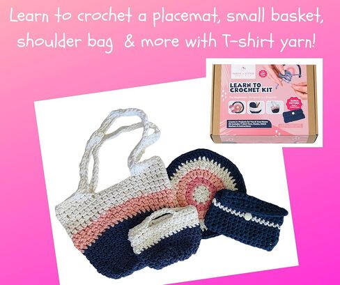 مجموعة أدوات الكروشيه FABRIC n STITCH للمبتدئين من عمر 13 عامًا فما فوق. كروشيه مفرش طاولة وسلة وحقيبة كتف ومحفظة بخيوط تي شيرت مكتنزة. تشتمل المجموعة على كل ما تحتاجه لتجربة الحياكة. in Kuwait