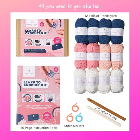 مجموعة أدوات الكروشيه FABRIC n STITCH للمبتدئين من عمر 13 عامًا فما فوق. كروشيه مفرش طاولة وسلة وحقيبة كتف ومحفظة بخيوط تي شيرت مكتنزة. تشتمل المجموعة على كل ما تحتاجه لتجربة الحياكة. in Kuwait