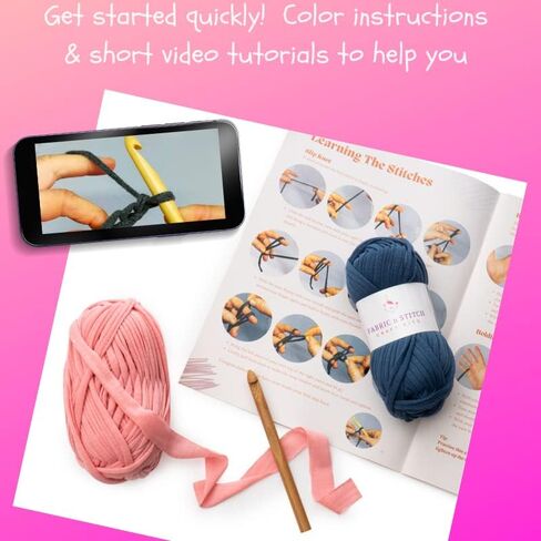 مجموعة أدوات الكروشيه FABRIC n STITCH للمبتدئين من عمر 13 عامًا فما فوق. كروشيه مفرش طاولة وسلة وحقيبة كتف ومحفظة بخيوط تي شيرت مكتنزة. تشتمل المجموعة على كل ما تحتاجه لتجربة الحياكة. in Kuwait