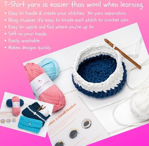 مجموعة أدوات الكروشيه FABRIC n STITCH للمبتدئين من عمر 13 عامًا فما فوق. كروشيه مفرش طاولة وسلة وحقيبة كتف ومحفظة بخيوط تي شيرت مكتنزة. تشتمل المجموعة على كل ما تحتاجه لتجربة الحياكة. in Kuwait