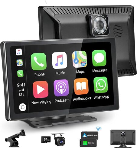 شاشة CARABC 9 بوصة لاسلكية Apple CarPlay & Android Auto، كاميرا داش 4K 1080 بكسل عكسية، تشغيل السيارة GPS والملاحة AirPlay التحكم الصوتي/AUX/FM in Kuwait