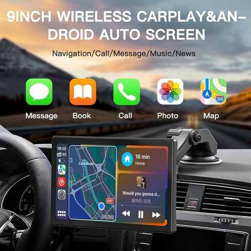 شاشة CARABC 9 بوصة لاسلكية Apple CarPlay & Android Auto، كاميرا داش 4K 1080 بكسل عكسية، تشغيل السيارة GPS والملاحة AirPlay التحكم الصوتي/AUX/FM in Kuwait