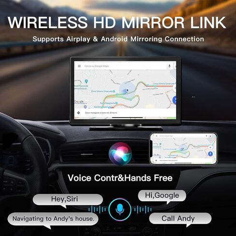 شاشة CARABC 9 بوصة لاسلكية Apple CarPlay & Android Auto، كاميرا داش 4K 1080 بكسل عكسية، تشغيل السيارة GPS والملاحة AirPlay التحكم الصوتي/AUX/FM in Kuwait