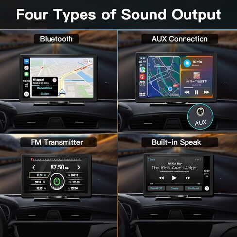 شاشة CARABC 9 بوصة لاسلكية Apple CarPlay & Android Auto، كاميرا داش 4K 1080 بكسل عكسية، تشغيل السيارة GPS والملاحة AirPlay التحكم الصوتي/AUX/FM in Kuwait