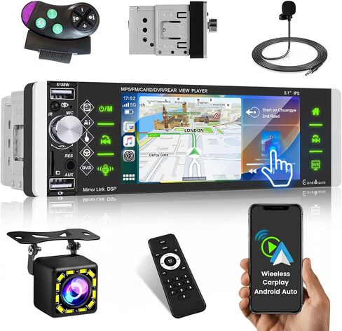 Roinvou Single Din Car Stereo with Wireless Carplay and Android Auto, 5.1 Inch HD Touchscreen Car Radio with Bluetooth, SWC, Backup Camera, Mirror Link, AM/FM/RDS, Fast Charging, TF/AUX/USB Input in Saudi Arabia