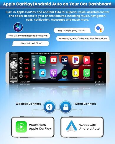 Roinvou Single Din Car Stereo with Wireless Carplay and Android Auto, 5.1 Inch HD Touchscreen Car Radio with Bluetooth, SWC, Backup Camera, Mirror Link, AM/FM/RDS, Fast Charging, TF/AUX/USB Input in Saudi Arabia