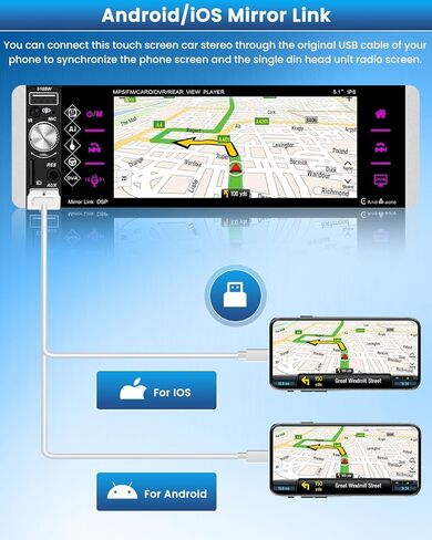 Roinvou Single Din Car Stereo with Wireless Carplay and Android Auto, 5.1 Inch HD Touchscreen Car Radio with Bluetooth, SWC, Backup Camera, Mirror Link, AM/FM/RDS, Fast Charging, TF/AUX/USB Input in Saudi Arabia