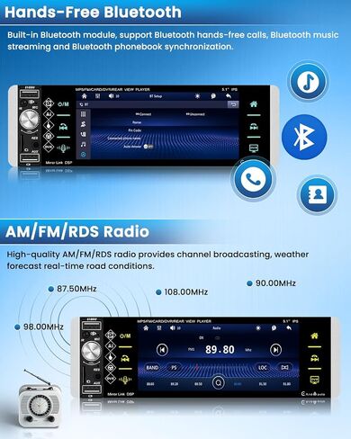 Roinvou Single Din Car Stereo with Wireless Carplay and Android Auto, 5.1 Inch HD Touchscreen Car Radio with Bluetooth, SWC, Backup Camera, Mirror Link, AM/FM/RDS, Fast Charging, TF/AUX/USB Input in Saudi Arabia