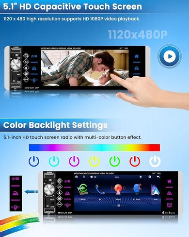 Roinvou Single Din Car Stereo with Wireless Carplay and Android Auto, 5.1 Inch HD Touchscreen Car Radio with Bluetooth, SWC, Backup Camera, Mirror Link, AM/FM/RDS, Fast Charging, TF/AUX/USB Input in Saudi Arabia