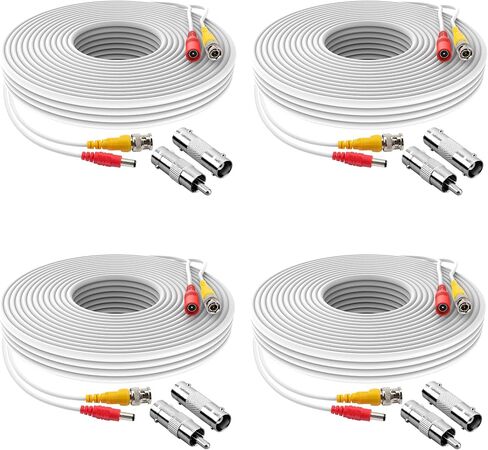 Omilik 4Pack 65Feet BNC كابل طاقة فيديو مصنوع مسبقًا الكل في واحد كاميرا فيديو BNC كابل سلك سلك أبيض اللون لنظام مراقبة CCTV الأمني ​​مع موصلات (BNC أنثى وBNC إلى RCA) in Kuwait