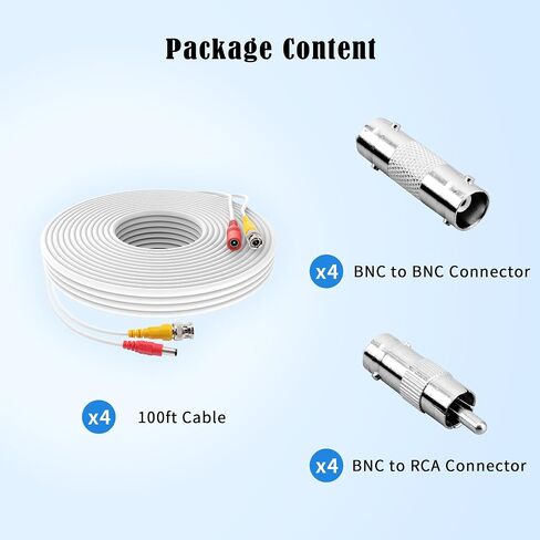 Omilik 4Pack 65Feet BNC كابل طاقة فيديو مصنوع مسبقًا الكل في واحد كاميرا فيديو BNC كابل سلك سلك أبيض اللون لنظام مراقبة CCTV الأمني ​​مع موصلات (BNC أنثى وBNC إلى RCA) in Kuwait