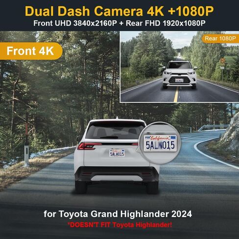 Fitcamx 2K Dual Dash Cam Suitable for Toyota Grand Highlander 2024 XLE Limited Platinum (AS10), OEM Style, Front 1440P+Rear 1080P HD Video, Loop Recording, WiFi & APP, G-Sensor, Easy to Use, 64GB Card in Kuwait