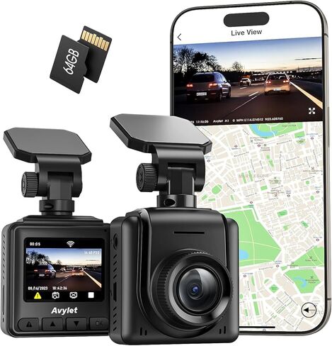 Dash Cam Wi-Fi 2K، بطاقة 64G مجانية، تدعم وحدة GPS الخارجية، كاميرا سيارة صغيرة مع تطبيق، كاميرا أمامية للسيارات، وضع انتظار 24 ساعة، مستشعر G، تسجيل حلقي in Kuwait