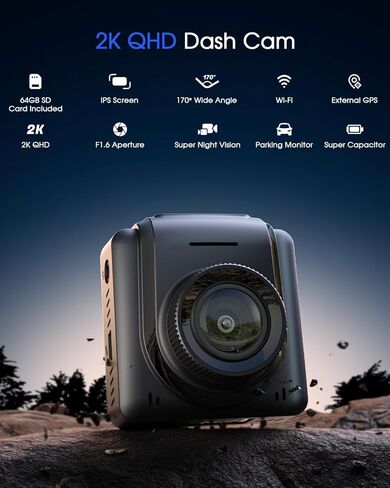 Dash Cam Wi-Fi 2K، بطاقة 64G مجانية، تدعم وحدة GPS الخارجية، كاميرا سيارة صغيرة مع تطبيق، كاميرا أمامية للسيارات، وضع انتظار 24 ساعة، مستشعر G، تسجيل حلقي in Kuwait