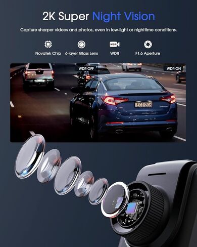 Dash Cam Wi-Fi 2K، بطاقة 64G مجانية، تدعم وحدة GPS الخارجية، كاميرا سيارة صغيرة مع تطبيق، كاميرا أمامية للسيارات، وضع انتظار 24 ساعة، مستشعر G، تسجيل حلقي in Kuwait