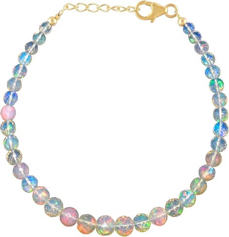Genuine Black Ethiopian Fire Opal Stone Beads with Silver Ball Bracelet For Women, Healing Crystal, Handmade Birthstone Jewelry, Rhodium Plating Sterling Silver Chain 8" Anniversary Gifts in Saudi Arabia