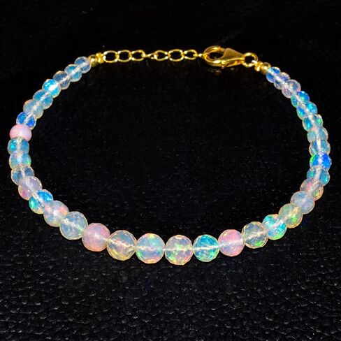 Genuine Black Ethiopian Fire Opal Stone Beads with Silver Ball Bracelet For Women, Healing Crystal, Handmade Birthstone Jewelry, Rhodium Plating Sterling Silver Chain 8" Anniversary Gifts in Saudi Arabia