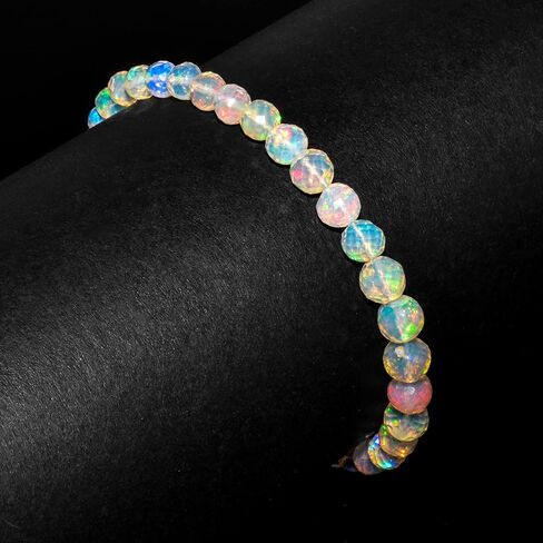 Genuine Black Ethiopian Fire Opal Stone Beads with Silver Ball Bracelet For Women, Healing Crystal, Handmade Birthstone Jewelry, Rhodium Plating Sterling Silver Chain 8" Anniversary Gifts in Saudi Arabia