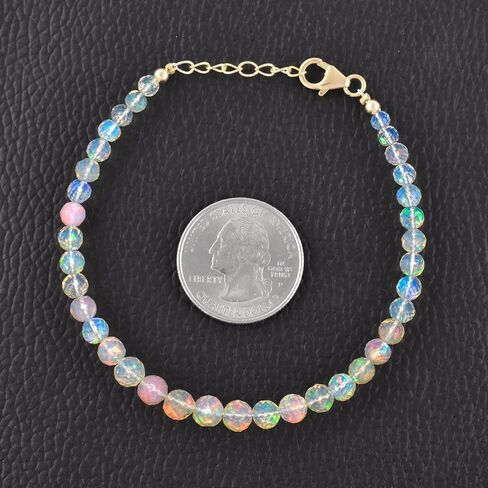 Genuine Black Ethiopian Fire Opal Stone Beads with Silver Ball Bracelet For Women, Healing Crystal, Handmade Birthstone Jewelry, Rhodium Plating Sterling Silver Chain 8" Anniversary Gifts in Saudi Arabia