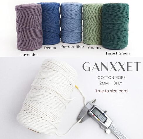 GANXXET Denim Color Macrame Cotton Cord 2mm 3 ply Recycled | 3 Strands x 480 Feet / 160 Yards | Cord for DIY Macrame and Crafts, Wall Hangings, Plant Hangers, Coasters in Saudi Arabia