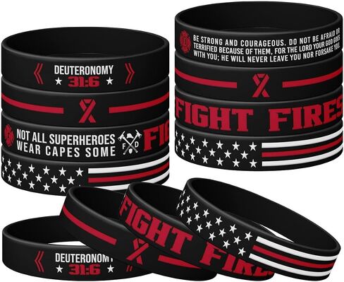 (12-Pack) Firefighters' Thin Red Line Silicone Wristbands and American Flag, Deuteronomy 31:6 Silicone Wristband, Fire Fighters Party Favors, Gifts Accessories for Fire Fighters in Saudi Arabia
