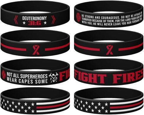 (12-Pack) Firefighters' Thin Red Line Silicone Wristbands and American Flag, Deuteronomy 31:6 Silicone Wristband, Fire Fighters Party Favors, Gifts Accessories for Fire Fighters in Saudi Arabia