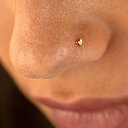 Tiny Heart Nose Stud. Small Dainty Solid 14K Real Yellow Gold Nostril Cartilage Helix Single Earring. 20G (20 Gauge - 0.8 mm). L Shape. Minimalist Handmade Love Piercing Jewelry by HeartAttackOM in Kuwait