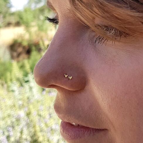 Tiny Heart Nose Stud. Small Dainty Solid 14K Real Yellow Gold Nostril Cartilage Helix Single Earring. 20G (20 Gauge - 0.8 mm). L Shape. Minimalist Handmade Love Piercing Jewelry by HeartAttackOM in Kuwait