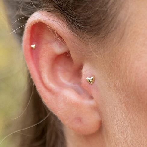 Tiny Heart Nose Stud. Small Dainty Solid 14K Real Yellow Gold Nostril Cartilage Helix Single Earring. 20G (20 Gauge - 0.8 mm). L Shape. Minimalist Handmade Love Piercing Jewelry by HeartAttackOM in Kuwait