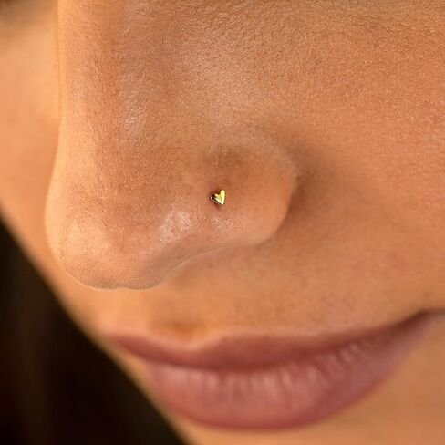 Tiny Heart Nose Stud. Small Dainty Solid 14K Real Yellow Gold Nostril Cartilage Helix Single Earring. 20G (20 Gauge - 0.8 mm). L Shape. Minimalist Handmade Love Piercing Jewelry by HeartAttackOM in Kuwait