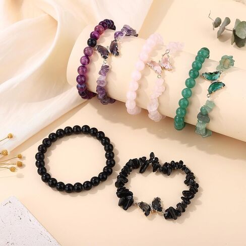 MOZAKA 8 قطع سوار كريستال للنساء القلق كريستال مطرز أساور فراشة سحر شفاء حجر الطبقات سوار هدايا للنساء in Kuwait