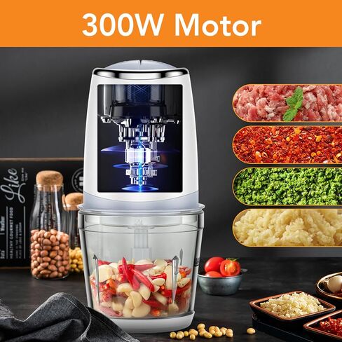 محضر طعام 300 واط مع وعاء زجاجي 600 مل، مفرمة طعام كهربائية صغيرة للخضروات واللحوم والفواكه والمكسرات - مفرمة خضروات بسرعتين مع شفرات حادة مزدوجة من النوع S in Kuwait