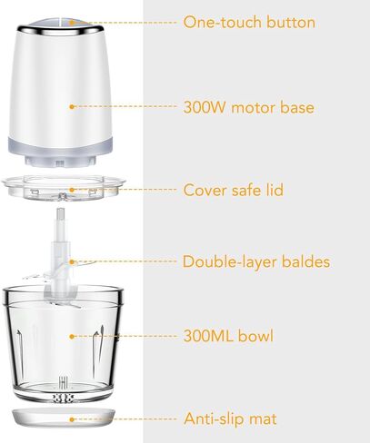 محضر طعام 300 واط مع وعاء زجاجي 600 مل، مفرمة طعام كهربائية صغيرة للخضروات واللحوم والفواكه والمكسرات - مفرمة خضروات بسرعتين مع شفرات حادة مزدوجة من النوع S in Kuwait