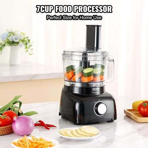 VEVOR Food Processor, 7 Cup Small Vegetable Chopper for Dough, Shredding, Slicing, Electric Meat Processors with 2 in1 Reversible SUS Disc, Large Feed Chute & Pusher, 2 Speed and Pulse for Home Use in Saudi Arabia