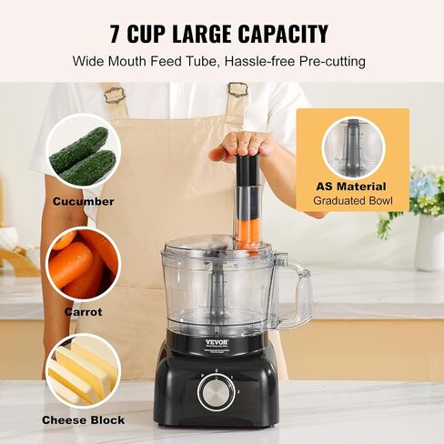 VEVOR Food Processor, 7 Cup Small Vegetable Chopper for Dough, Shredding, Slicing, Electric Meat Processors with 2 in1 Reversible SUS Disc, Large Feed Chute & Pusher, 2 Speed and Pulse for Home Use in Saudi Arabia