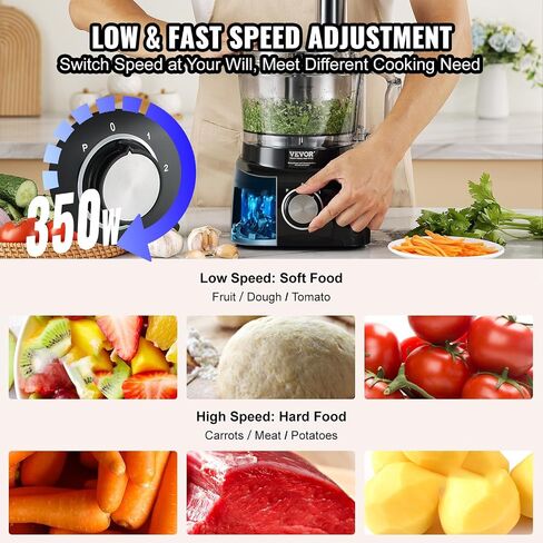 VEVOR Food Processor, 7 Cup Small Vegetable Chopper for Dough, Shredding, Slicing, Electric Meat Processors with 2 in1 Reversible SUS Disc, Large Feed Chute & Pusher, 2 Speed and Pulse for Home Use in Saudi Arabia