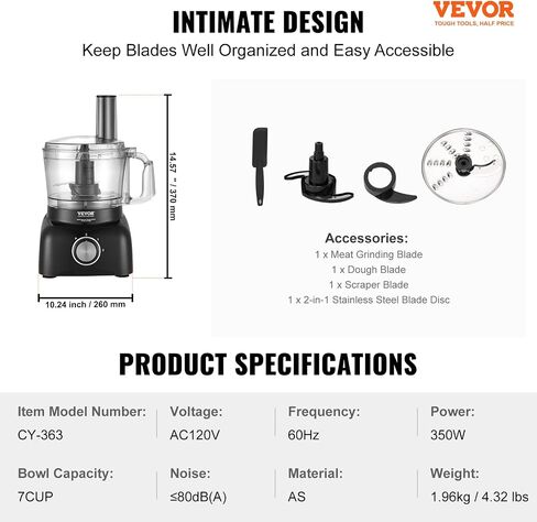 VEVOR Food Processor, 7 Cup Small Vegetable Chopper for Dough, Shredding, Slicing, Electric Meat Processors with 2 in1 Reversible SUS Disc, Large Feed Chute & Pusher, 2 Speed and Pulse for Home Use in Saudi Arabia