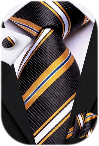 مجموعة ربطات عنق رسمية مخططة للرجال من Hi-Tie باللونين الأسود والذهبي مع أزرار أكمام منديل وربطة عنق حريرية لحفلات الزفاف والحفلات الراقصة in Kuwait