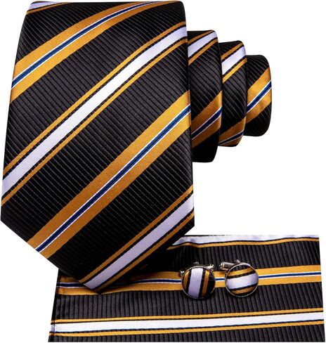 مجموعة ربطات عنق رسمية مخططة للرجال من Hi-Tie باللونين الأسود والذهبي مع أزرار أكمام منديل وربطة عنق حريرية لحفلات الزفاف والحفلات الراقصة in Kuwait