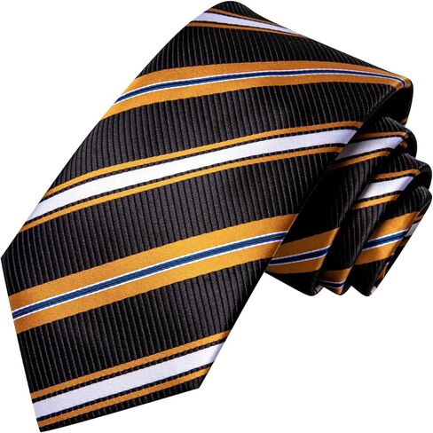 مجموعة ربطات عنق رسمية مخططة للرجال من Hi-Tie باللونين الأسود والذهبي مع أزرار أكمام منديل وربطة عنق حريرية لحفلات الزفاف والحفلات الراقصة in Kuwait