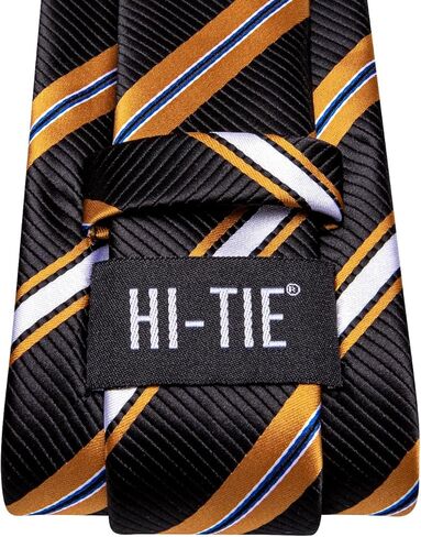 مجموعة ربطات عنق رسمية مخططة للرجال من Hi-Tie باللونين الأسود والذهبي مع أزرار أكمام منديل وربطة عنق حريرية لحفلات الزفاف والحفلات الراقصة in Kuwait