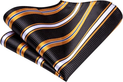 مجموعة ربطات عنق رسمية مخططة للرجال من Hi-Tie باللونين الأسود والذهبي مع أزرار أكمام منديل وربطة عنق حريرية لحفلات الزفاف والحفلات الراقصة in Kuwait