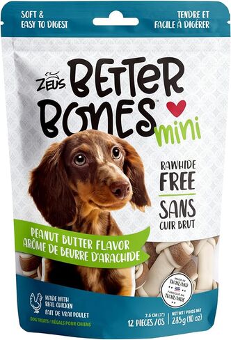 مكافآت الكلاب بيتر بونز من زيوس، مكافآت صحية للكلاب خالية من الجلود الخام، زبدة الفول السوداني، عظام صغيرة، 12 قطعة، 92746 in Kuwait