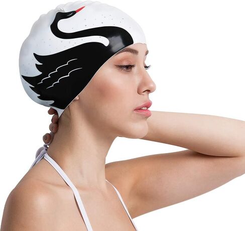 COPOZZ Adult Swim Cap, Silicone Waterproof Swimming Caps Stretchable Bathing Cap Comfortable Swimming Hat for Adults Youth Women Girls (Silver Swan) in Saudi Arabia
